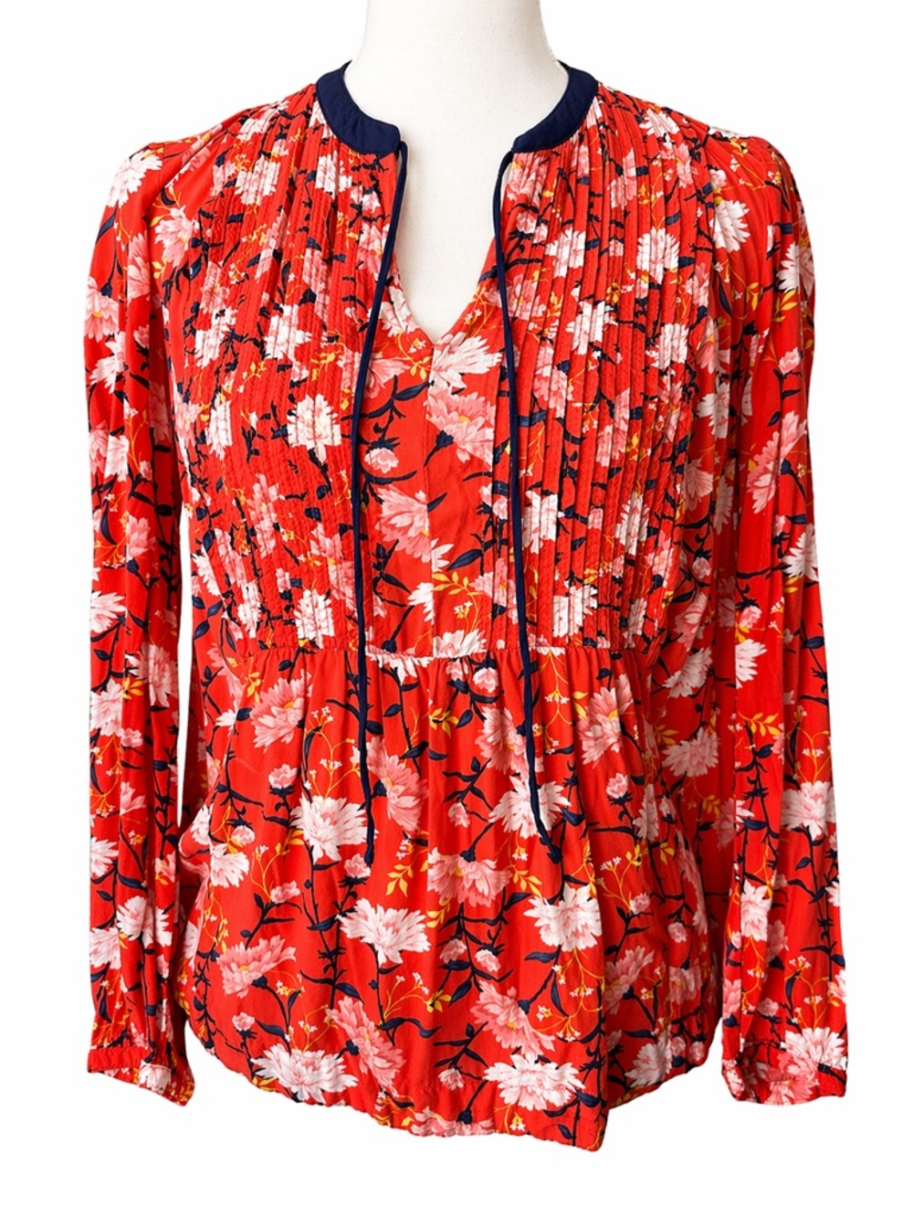 Old Navy Red Floral Pleated Peasant Blouse with Navy Trim